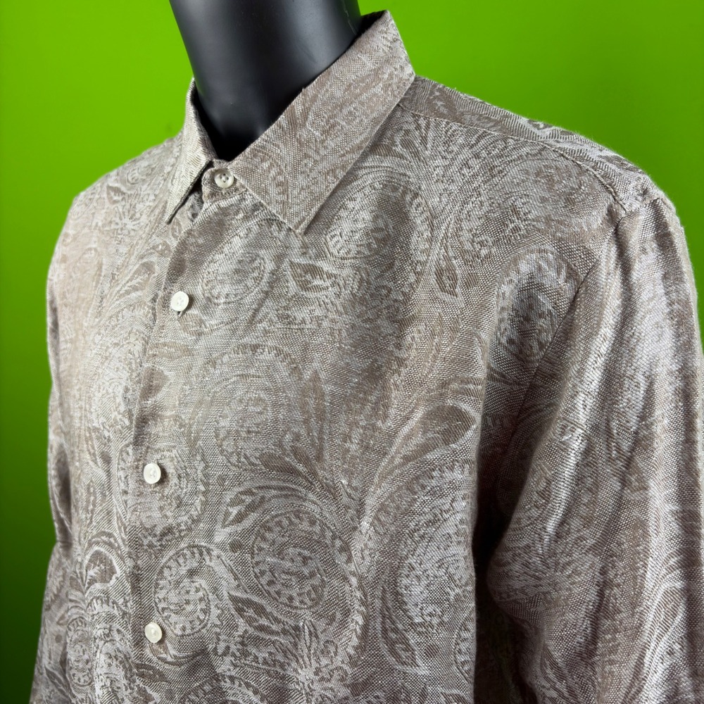 100% Linen Paisley Jacquard Tasso Elba Mens XLTaupe Long Sleeve Shirt 17-17.5
